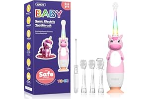 YUNCHI K3 Elektrische Zahnbürste Kinder ab 0-6 Jahre Baby mit buntem LED Licht Smart Timer Kinderzahnbürste Elektrisch Kleinkind Schallzahnbürste mit 4 Weiche Bürstenköpfe (Rosa Einhorn)