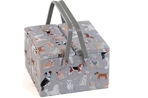 Hobby Gift Exclusivo costurero grande con dos tapas, caja de almacenamiento para manualidades, bandeja para accesorios, alfiletero, asas de PVC, 25 x 25 x 17 cm, perros grises