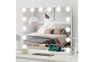 eklipt Hollywood Vanity Mirror with Lights, 50×42cm Large Lighted Makeup Mirror with 14 Dimmable LED Bulbs, Touchscreen Control, USB Output Port Tabletop or Wall Mounted Light Up Mirror For Bedroom