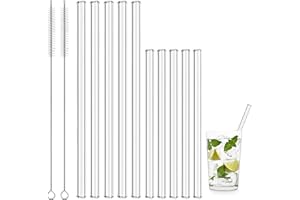 QHSXMQ Lot de 10 pailles en verre, longues, en verre, longueur : 20 cm, courtes : 15 cm, avec brosse de nettoyage, passent au lave-vaisselle, réutilisables, transparentes, sans BPA
