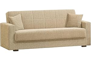 Dmora - Divano letto 3 posti Pinto, Divano letto contenitore lineare, Sofà da soggiorno in tessuto imbottito con apertura click-clack, 212x80h87 cm, Blu