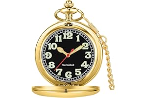 Tiong Men's Vintage Smooth Steel Mechanical Pocket Watch with Luminous Dial Mechanical Pocket Watches with Chain for Men