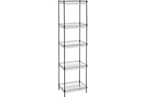 SONGMICS Metal Storage Shelf, Wire Basket Shelving Unit, Kitchen Storage Rack, 4 Hooks, PP Sheets, Adjustable Shelves, Total Load Capacity 100 kg, for Bathroom, Pantry, Small Spaces, Black LGR105B01