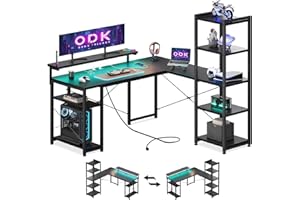 ODK Escritorio, Escritorio en L con con Estanteria, Escritorio Soporte de Monitor Largo (Black, 140×137 cm con LED & enchufes estándar)