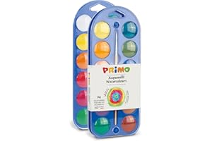 PRIMO - Acquerelli per Bambini Artisti con 24 Colori Ø30 mm + 1 Pennello Acquerello per Dipingere, Kit Tavolozza per Dipingere Pittura, Colori per Bambini +5 Anni Acquerellabili per Lavoretti Creativi