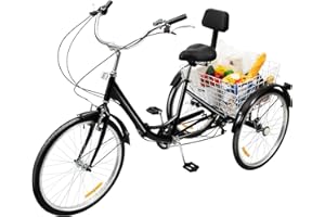 MEHOOSPVN Folding Adult Tricycle, 3-Wheel Bike Adult Trike Bike Tricycle for Adults, Backrest and Basket Height Adjustable Cruise Trike Elderly Bicycle for Shopping Picnic Beach 24 Inch 7 Speed, Black