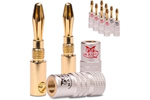 NAUC Bananenstecker für Lautsprecherkabel - 10 Stück Stecker als Set - Steckverbinder 24K vergoldet schraubbar - für Hifi Receiver Verstärker