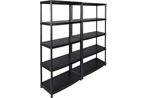KREHER Lot de 2 étagères XXL en matériau synthétique pour charges lourdes avec 5 tablettes solides en noirCharge supportée de 70 kg par rayon, charge totale de 350 kg par étagèreQualité supérieure certifiée TÜV