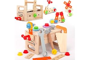 Owelth Holzspielzeug Werkzeugkoffer Kinder, 29 Stück Werkzeug Kinder Holz Holzbaukasten, DIY Werkzeugkasten Kinderwerkzeug, Werkbank Koffer Spielzeug ab 3 4 5 6 Jahre Jungen Mädchen