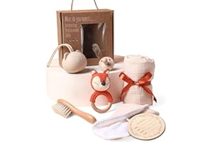 WOODEN TEETHER Cadeau Naissance, Coffret Naissance Fille et Garcon pour Bebe avec Hochet Tricoté Main, Brosse Bebe, Tétine mam, Serviette de Bain Bebe, Bavoir Bébé, Carte Etape Bebe (Renard)