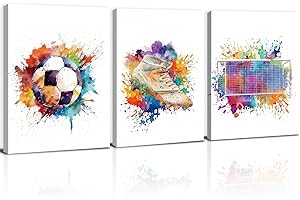 KAIRNE 3 Pósteres de Fútbol de Acuarela Con Marco para Habitación de Niños, Cuadros de Pared Deportivos para Dormitorio de Adolescentes