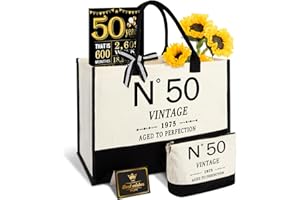 AMOSKING 50. Geburtstagsgeschenke für Frauen Leinwand Tote Tasche Reiseausrüstung, 50 Jahre alte Geburtstagsgeschenke für Mutter Frau Freunde, Vintage N°50 Handtasche & Kosmetiktasche & Geburtstagsplakat