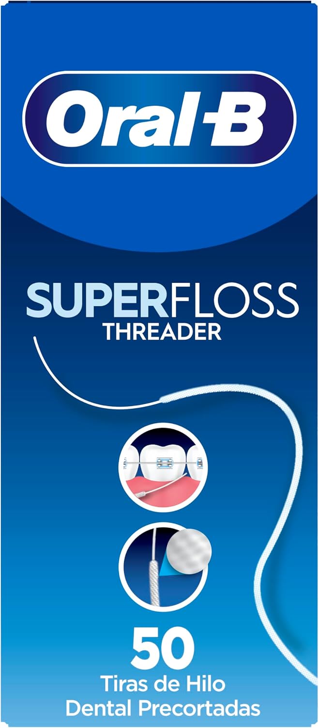 Oral-B Superfloss Seda Dental Threader, Elimina La Placa Bacteriana Y El Sarro, Puntas Rígidas O Seda Dental Acolchada, Para Limpiar Brackets Y Aparatos, 50 Hebras Precortadas