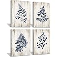 Leaf Wall Art Canvas Prints: Rustic Wood Texture Style Background Botanical Fern Leaf Dark Blue Artwork for Walls Bathroom Bedroom (12 x16 x 4)