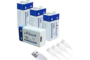 Aibatt Batterie 9V 1000mAh,avec connecteur de Charge Type C,Li-ION 6F22 Batterie Rechargeable pour Microphone,détecteur de fumée,Jouet électronique,Talkie-walkie,Batteries monoblo (4 Pack)
