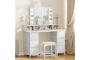 YITAHOME Dressing Table with Mirror & LED Light Bulbs,Makeup Vanity Deskwith 6 Fabric Drawers, 3 Open Compartments, Hair Dryer Rack, and Stool for Bedroom, White, 106 x 40 x 141 cm