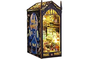 SHYLAMB DIY Book Nook Kit - DIY Miniature Dolls House Kit with Furniture and LED Light, 3D Puzzle Wooden Art Bookends, Model Kits for Adults to Build (Magic Bazaar)