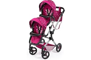 Bayer Design 26267AA Cochecito de Muñeca Gemelas, Carrito Paseo para muñecos, Ajustable en Altura, Plegable, con la Bolsa de Bandolera, Compatible con Silla de Coche EasyGo