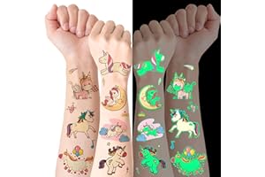 AUGESAK 10 Fogli Unicorni Tatuaggi Bambini, Unicorni Tatuaggi Luminosi, Tatuaggi-Temporanei, Regalini Fine Festa Compleanno Bambini