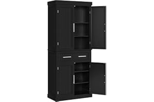 Yaheetech Tall Kitchen Pantry Cupboard, 183.5cm Freestanding Storage Cabinet with Drawer, 4 Doors, 2 Adjustable Shelves for Home Dining Living Room, Black