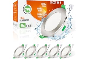 ALUSSO Downlight LED Techo Empotrable Regulable, 7W 600LM IP65 3000K 4000K 6500K Focos LED Interior Techo Empotrado, φ67-75mm, Ojos de Buey Baño Salón, Níquel Cepillado, 6 Pack