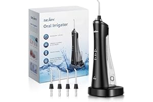 Sejoy Hydropulseur Socle Rechargeable, Jet Dentaire Portable de Voyage sans Fil, Hydropulseurs et Irrigateurs, 3 Modes et 4 Buses, IPX7 Étanche, Irrigateur Dentaire, Noir