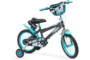 Toimsa Blue Ice, 14 inch Bicycle/Kids Bike, with shield, bottle, adjustable seat, handlebars and training wheel stabilisers, for children/youth age 4-6 Years, Blue and Black