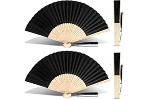 Nogeqi 2 Pcs Hand Fan Folding Handheld Folding for Women Men Black Manual Bamboo Fans Hand Held Chinese Fan with Tassel for Wedding Party and Home Decoration