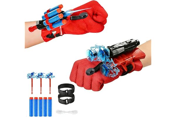 Taufe Lot de 2 Gant de Lanceur Spide-r,Spide-r Launcher,Lance Toile Spid-ER,Gants Spid-ER en Plastique avec Masque et Autocollants Gant de Cosplay en Plastique pour Enfants,Cosplay pour Enfants