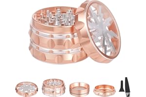 TIRIRS 2.5 Inch 4 Pieces Transparent Top Herb Grinder - Aluminum Spice Grinder with Pollen Scraper and Cleaning Brush - Rose Gold