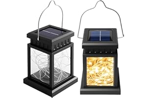 Lanterne solaire de jardin suspendue : WIYETY Lot de 2 lampes solaires de forme carrée, éclairage extérieur blanc chaud, lumière LED pour décoration extérieure fêtes de jardin, terrasse, jardin et