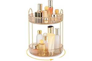 Lnueovcn Makeup Organiser 360 Degree Rotating Skincare Organiser, Large Capacity Spinning 2 Tiers Cosmetic Organiser Make Up Storage for Perfume, Brush, Vanity Table, Bedroom, Bathroom (Amber)