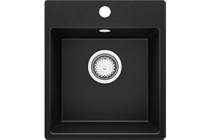 PRIMAGRAN Fregadero Cocina Negro 38x44cm, Granito 1 Seno + Sifón, Sobre encimera al mueble 40cm - Riga Easy S001