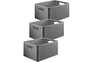 Rotho Country Lot de 3 boîtes de Rangement 18 l Aspect rotin, Plastique (PP) sans BPA, Anthracite, 3 x A4/18L, (36,8 x 27,8 x 19,1 cm), 3