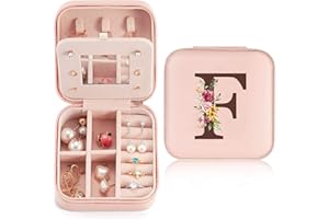 Sinekong Portagioie con Nome Iniziale F e Fiore Scatola Portagioie da Viaggio Mini Organizzatore di Gioielli con Specchio Donne Ragazze Piccolo Regalo per Compleanno Proposta Damigella