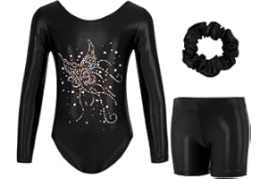 Gogokids Mädchen Dreiteilige Gymnastikanzüge, Langärmliges Gymnastik Set mit Shorts und Haarband, Glitzernde Balletteinheitstrikots - Gymnastik Outfit mit Farbverlaufdesign für 3-12 Jahre