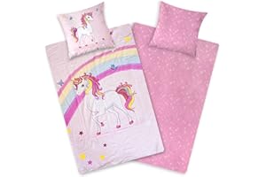 ‎AMINATA KIDS Aminata kids Bettwäsche Einhorn Biber 135x200 Kinder Baumwolle Unicorn-Motiv, Reißverschluss warm & kuschelig, Flanell-Winter-Bettwäsche-Set - Wendebettwäsche rosa pink