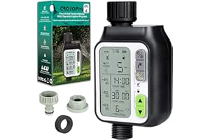 CROSOFMI Programador Riego Automatico Jardin Temporizador Sistema de Riego Control Riego Manual con Bloqueo para Niños con Sensor de Lluvia y 3 Programas de Separados Gris