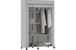 HOMCOM Armoire penderie en Tissu Meuble de Rangement Mobile 6 roulettes avec Tringle à vêtements et étagères Ouvertes penderie vêtement Dressing Roulant pour Chambre à Coucher 103x43x162,5cm Gris