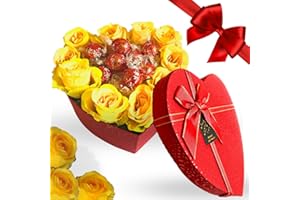 MY TEST Idee Regalo Natale 2024 - Cofanetto a Cuore con Rose Artificiali Gialle + 130gr Cioccolatini Al Latte