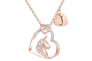 TINGN Collier Licorne Plaqué Or Rose 14 Carats - Pendentif Coeur Initiales CZ pour Filles - Cadeau d'Anniversaire Bijoux pour Femmes