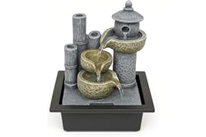 JROSE COLLECTIONS Zen Tabletop Water Fountain with LED Light & Plug – 30cm Japanese Pagoda Style Indoor Water Feature – Flowing Cascading Bowls for Home Office Desk Meditation – 18x22x30cm JR5197