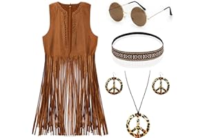 KITIMI 70s Fancy Dress Women, Hippy Fancy Dress for Women, 70s Fancy Dress Plus Size, Cowboy Vest Fringe with Hippie Accessories, Hippie Clothes, 60s 70s Costumes Outfits, Adult World Book Day Costumes Women