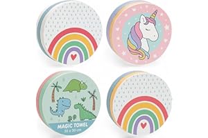 MIJOMA - Set di 4 asciugamani magici per bambini, 100% cotone, si dispiegano in acqua calda (unicorno e dinosauro)