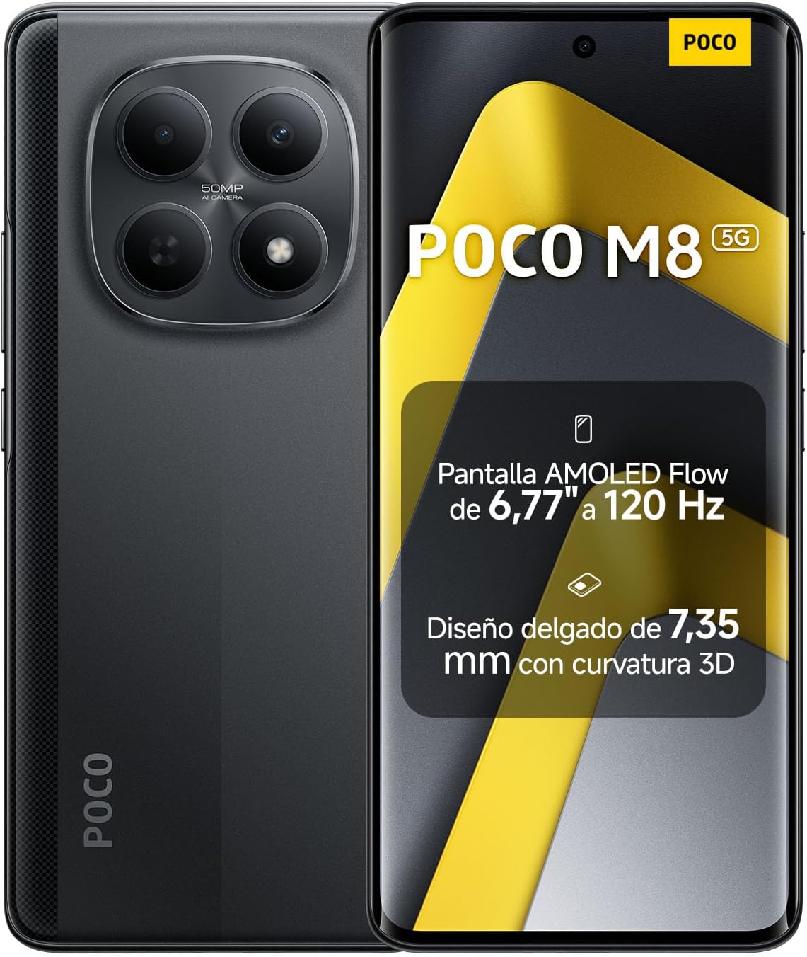 XIAOMI POCO M8 5G - Smartphone de 8+512GB, Pantalla de 6,77" 120Hz Flow AMOLED, Snapdragon 6 Gen 3, cámara Dual de 50MP IA, Carga Turbo de 45W, Cargador no Incluido, Negro (Versión ES)