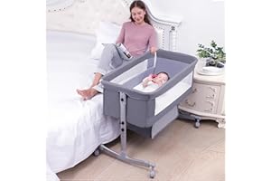 Sinbide Lit Bébé Cododo, Berceau Cododo avec Matelas et Moustiquaire, Berceau Bébé, Capacité de Charge 50KG, Réglage de la Hauteur, Fenêtres en Filet, Roues (97 * 63 * 70-80cm-Gris)