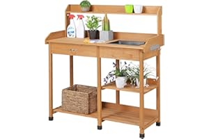 Yaheetech Garden Potting Table, Wood Potting Bench Removable Sink Drawer Planting Germination Workstation w/Open Shelves & Side Hooks for Patio, Balcony, Yard & Lawn