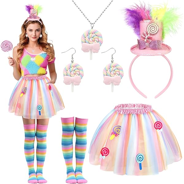 SEPGLITTER Lollipop Kostüm Damen Set, Candy Kostüm Süßigkeitenkostüm für Karneval mit Haarband, Ohrringe, Halskette, Handschuhe und Overknees SEPGLITTER Lollipop Kostüm Damen Set, Candy Kostüm Süßigkeitenkostüm für Karneval mit Haarband, Ohrringe, Halskette, Handschuhe und Overknees