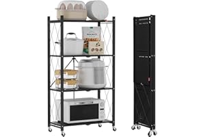 DEANIC Folding Storage Shelves,4 Tiers Metal Shelving Units for Storage 61x116x28 CM, Corner Kitchen Shelves on Wheels,Pantry Shelves,Bookcase for Living room Black