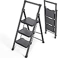KINGRACK 3 Step Ladder, Sturdy Step Stool with Handrail, Anti-Slip Wide Pedals, Foldable Step Stool for Home, Garage, Garden, Safety Locking, Pass 900LBS Testing, Black
